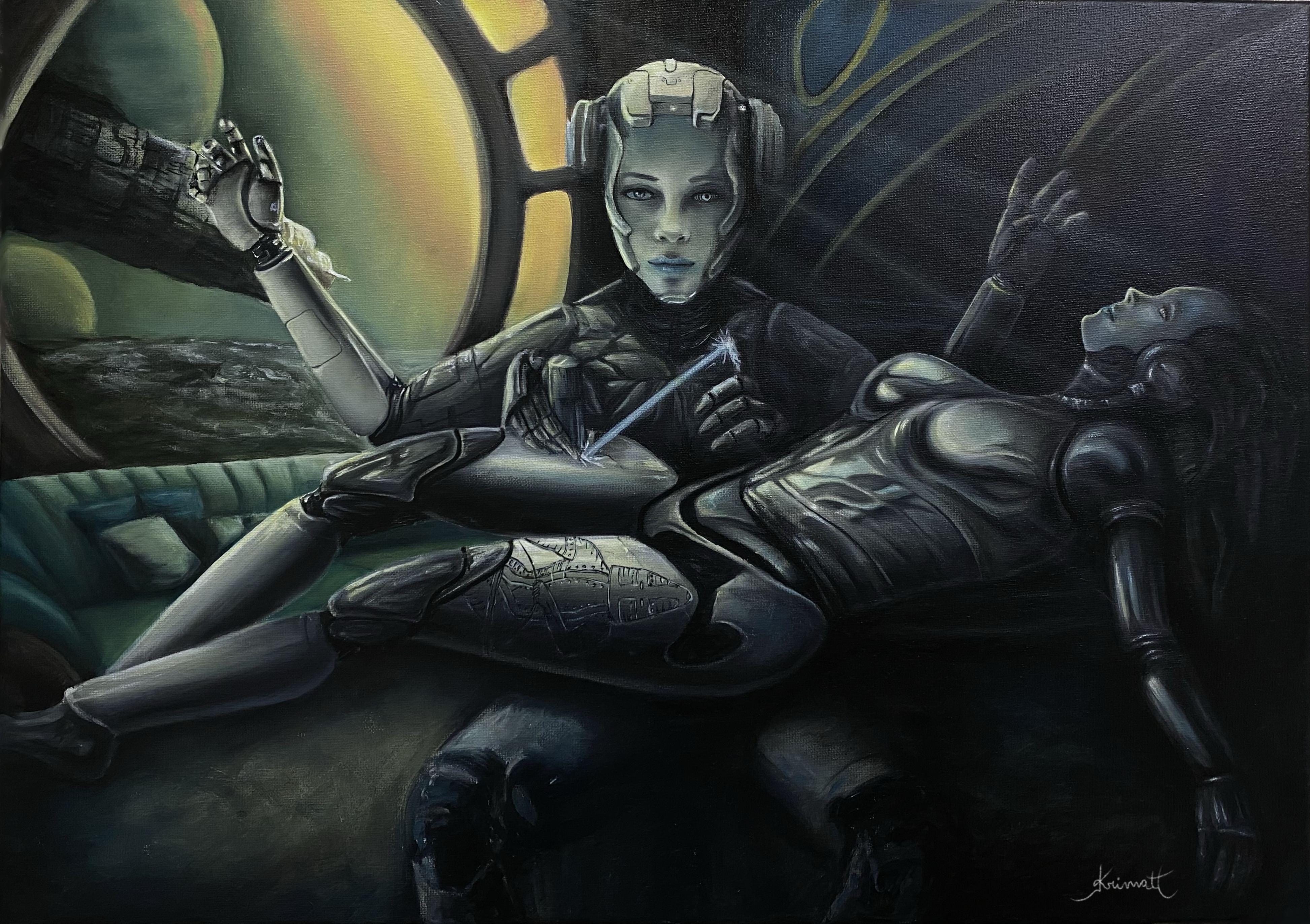 Pintura al óleo de Krimatt — escena fantástica, iluminación atmosférica. Arte de Robin Krimatt, CAOS Art Tattoo Santiago Chile.