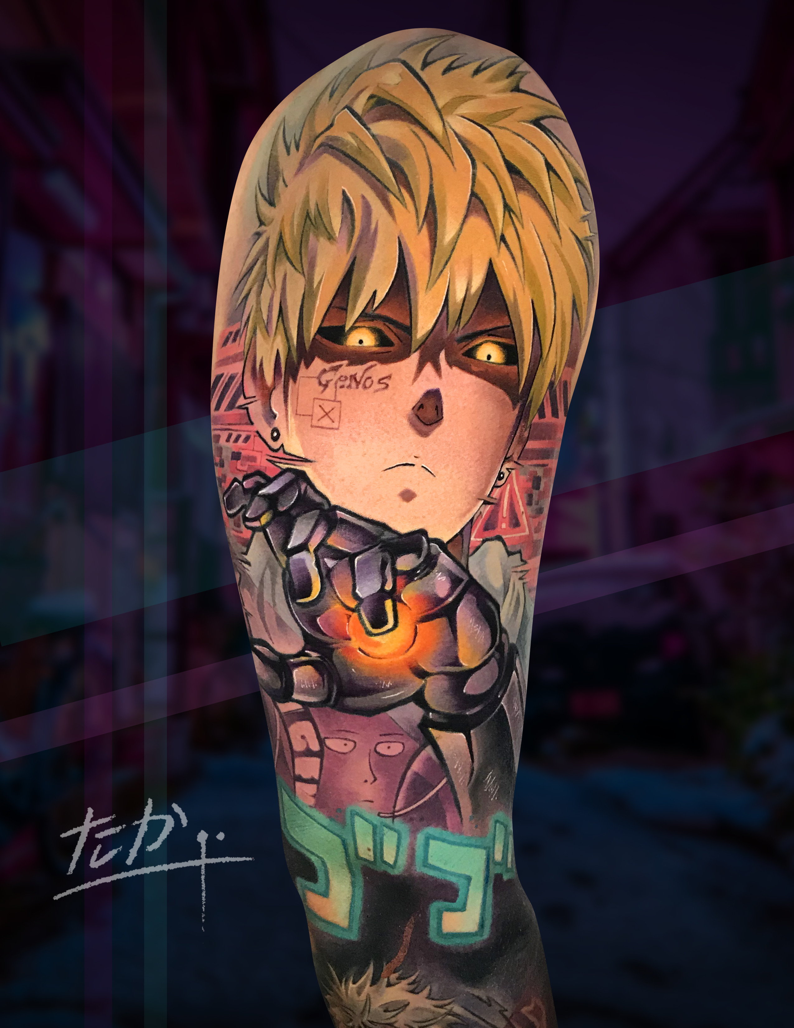 Tatuaje Genos One Punch Man cyborg color — CAOS Art Tattoo Chile
