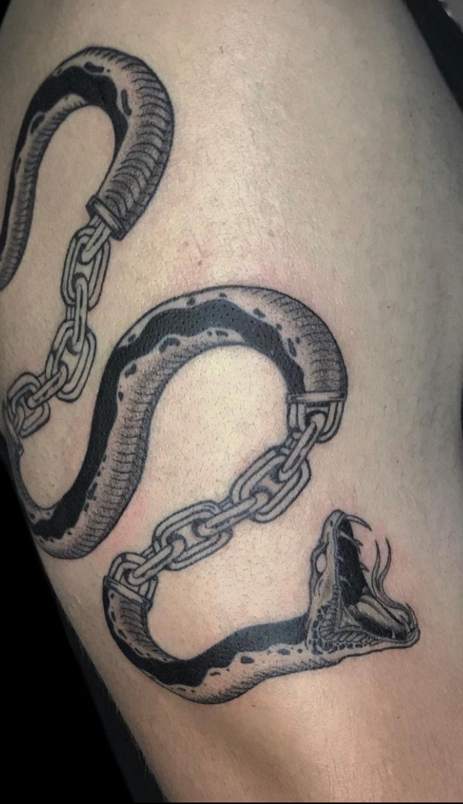 Tatuaje Serpiente boa encadenada blackwork — CAOS Art Tattoo Chile