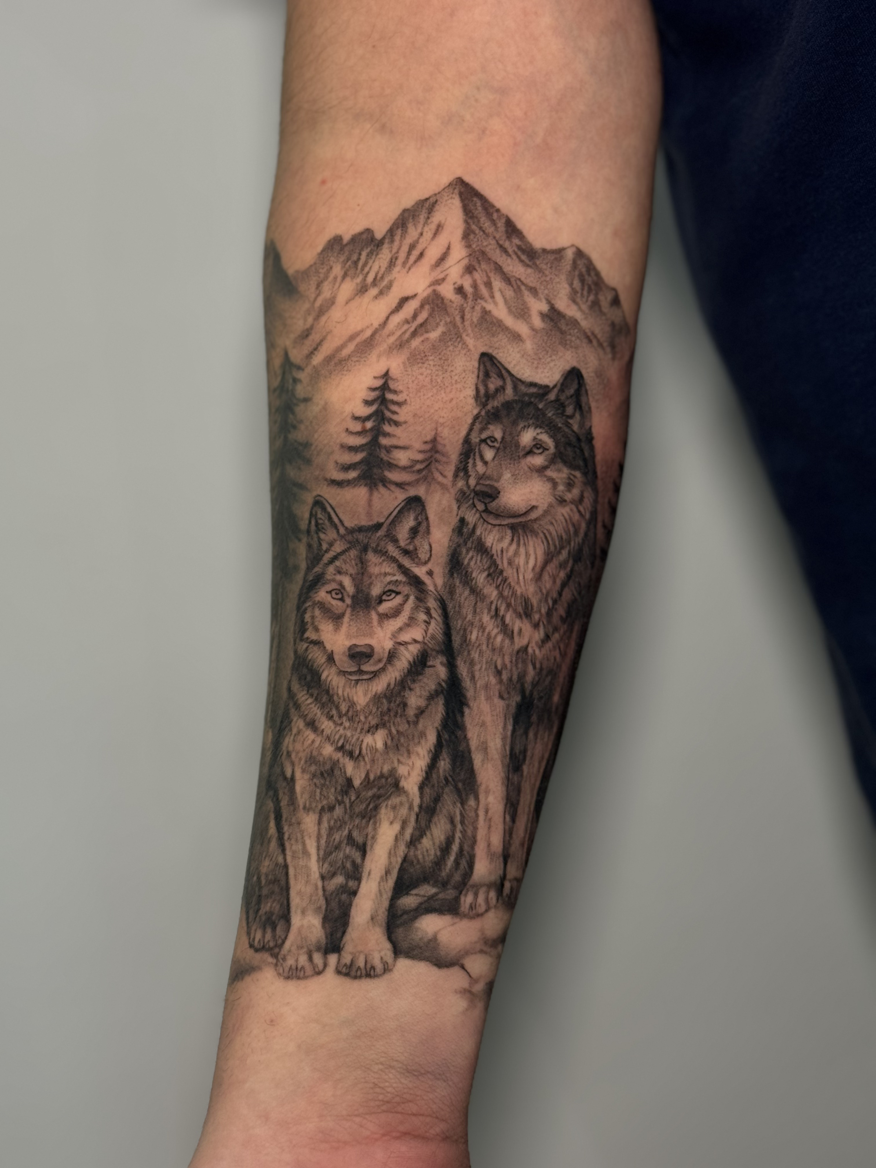 Tatuaje dos lobos realismo con montaña y pinos black grey — CAOS Art Tattoo Chile